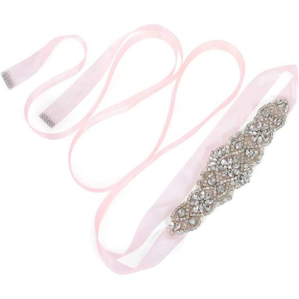 HOT Bridal Belt Handmade Crystal Rhinestone 12-pink Organza Ribbon